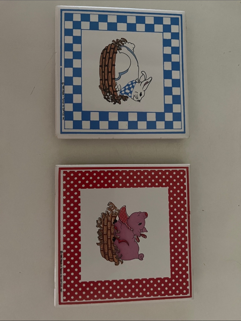 Blue Bunny & Red Pig Vintage Decorative Tile Coasters - Set of 2 GIFTCO 1985